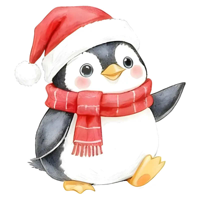 Watercolor Cartoon Penguin Holiday Graphic in Santa Hat and Scarf