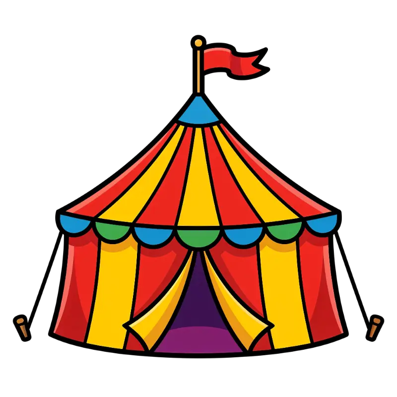 Bright Cartoon Circus Tent with Red Flag and Scalloped Trim