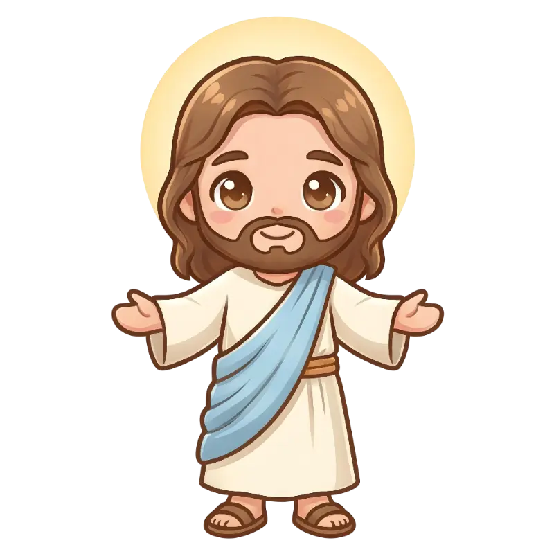 Kawaii Jesus Illustration with Expressive Eyes and Open Arms