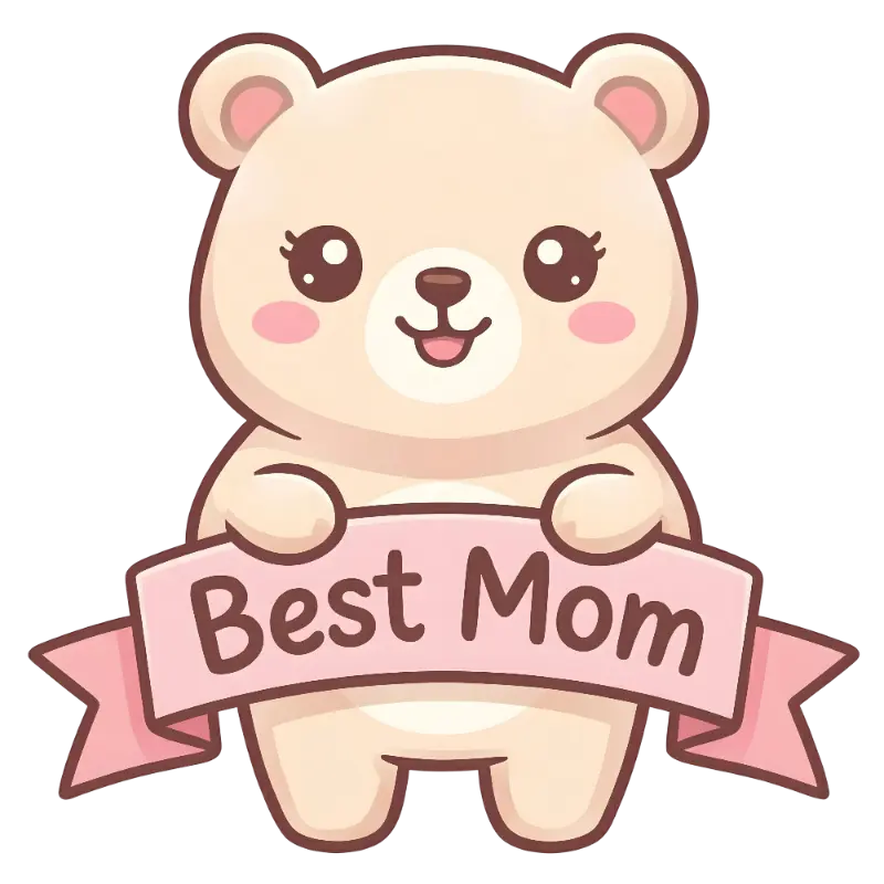 Sweet Kawaii Bear Illustration with Pink Best Mom Ribbon
