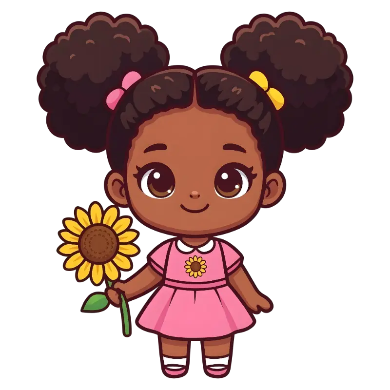 Chibi Girl with Afro Puffs and Sunflower