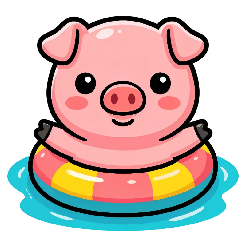 Kawaii Playful Pig Character Floating in a Striped Floatie