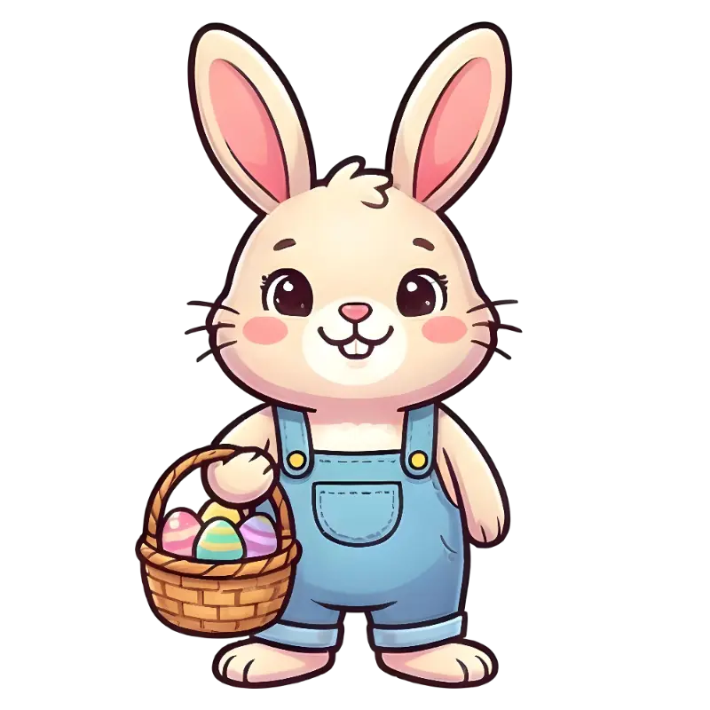 Cute Cartoon Bunny Character in Overalls holding Easter Egg Basket