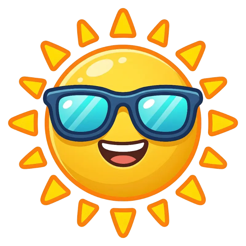 Bright Emoji Sun with Triangular Rays and Dark Sunglasses