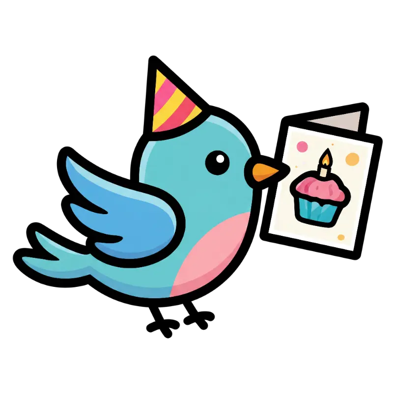 Playful Cartoon Bird with Striped Party Hat and Cupcake Card