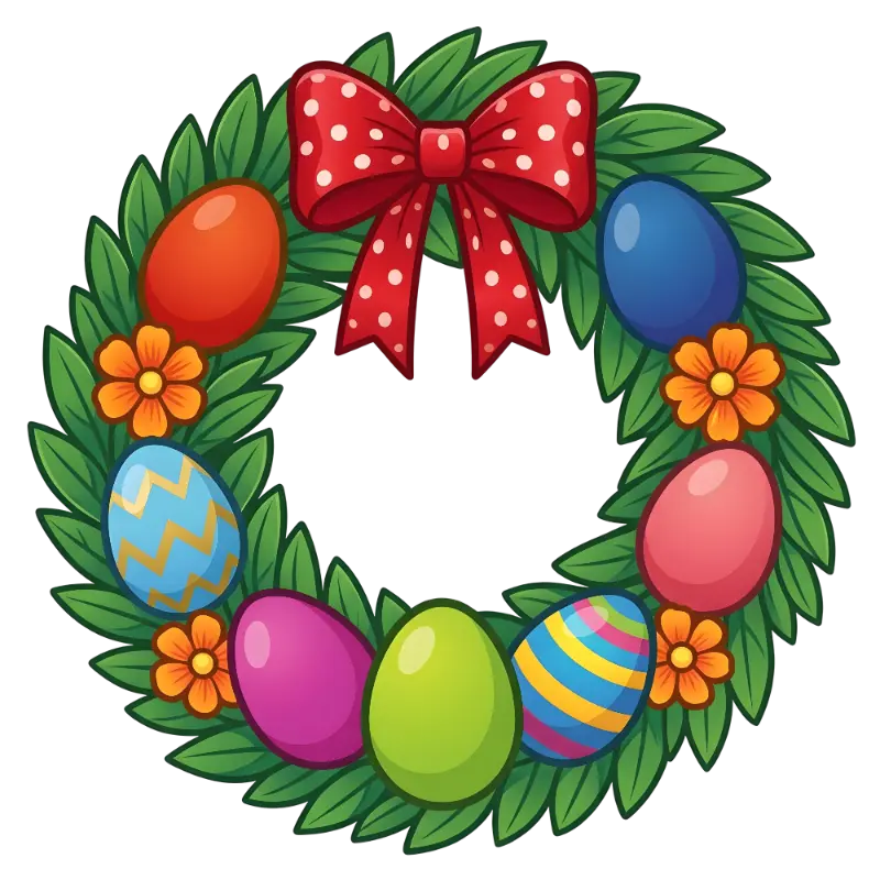 Vibrant Cartoon Wreath with Polka Dot Bow and Easter Eggs