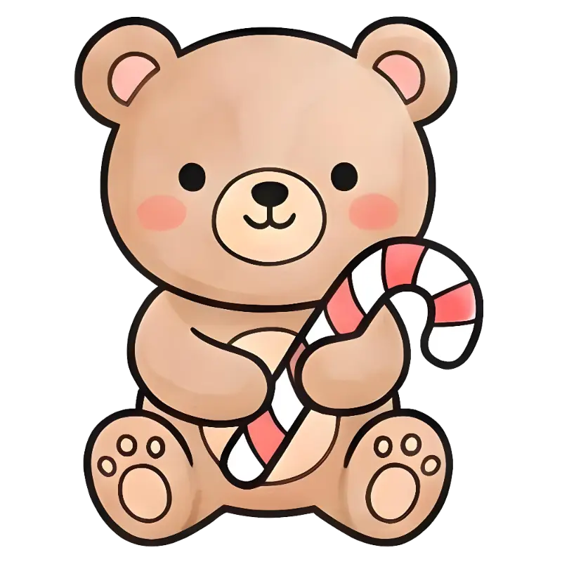 Kawaii Christmas Bear Holding a Candy Cane Illustration