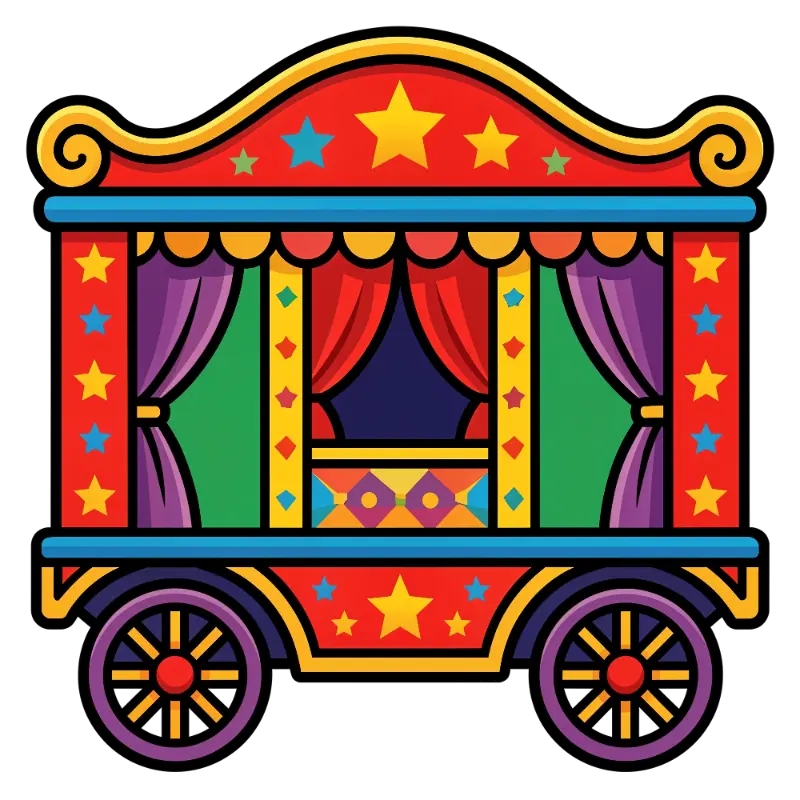 Cartoon Colorful Circus Wagon with Stars and Curtains