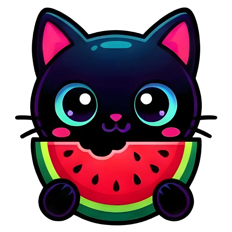 Kawaii Black Cat Eating Watermelon Slice Illustration