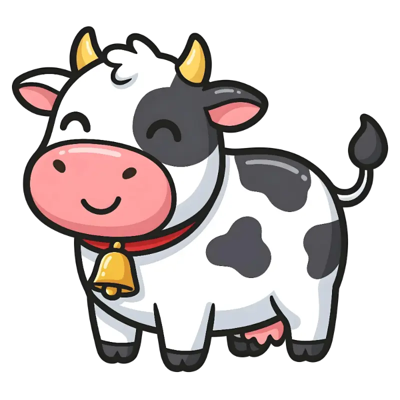 Cute Smiling Cartoon Cow with Thick Outlines and Bell