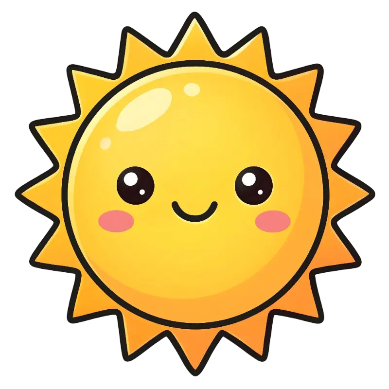 Kawaii Happy Sun Character with Pink Blush Cheeks and Bright Rays