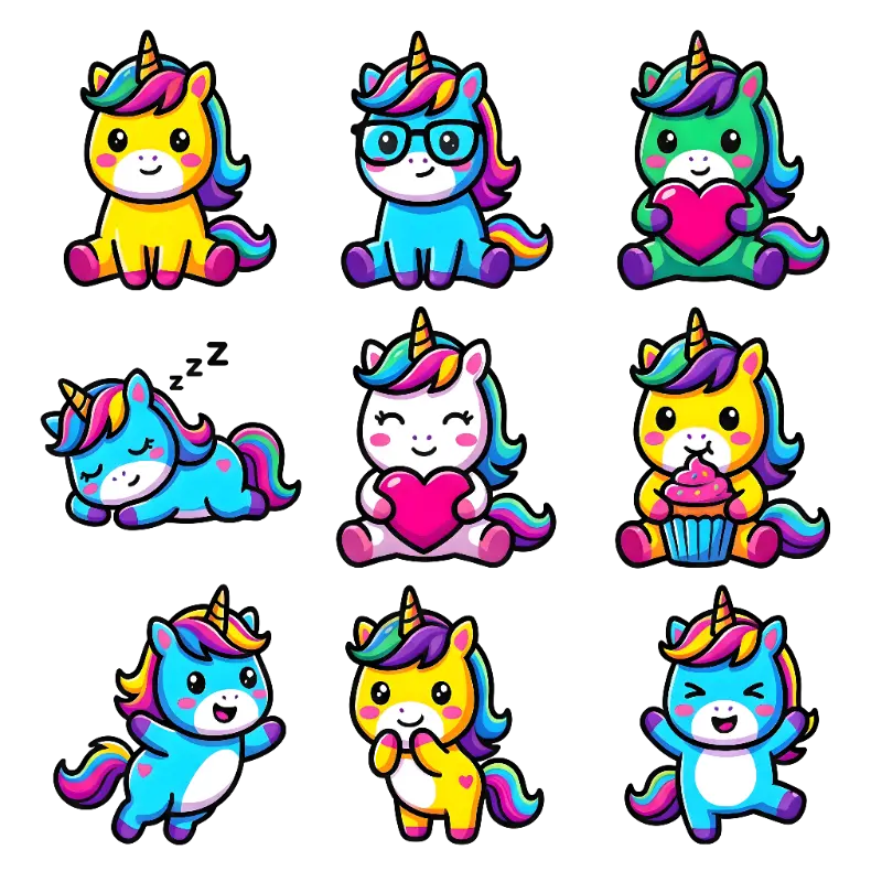 Chibi Kawaii Unicorn Characters Vector Art Collection for Kids