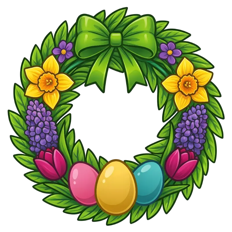 Vibrant Cartoon Easter Wreath with Daffodils, Tulips, and Eggs