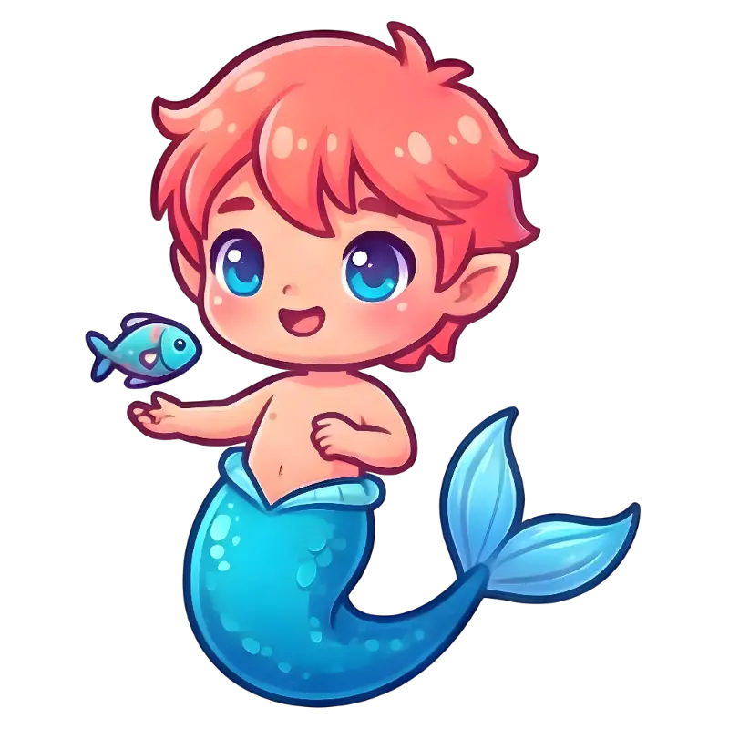 Whimsical Anime Merman with Large Eyes and a Small Fish Illustration