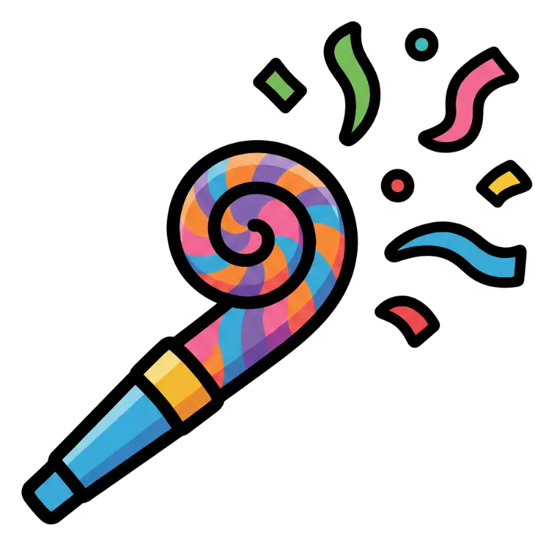 Iconic Vibrant Party Horn Blowing Colorful Confetti