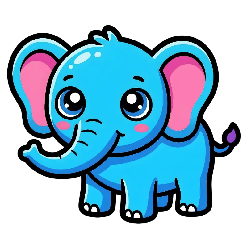 Cute Cartoon Baby Elephant with Big Eyes and Pink Ears