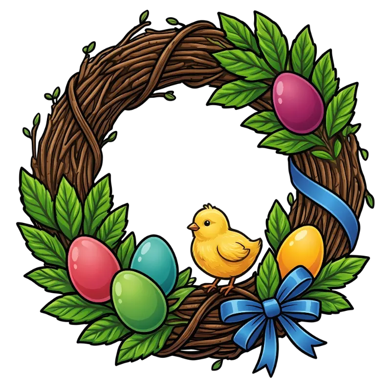 Cute Outlined Easter Wreath with Chick, Eggs, and Blue Bow