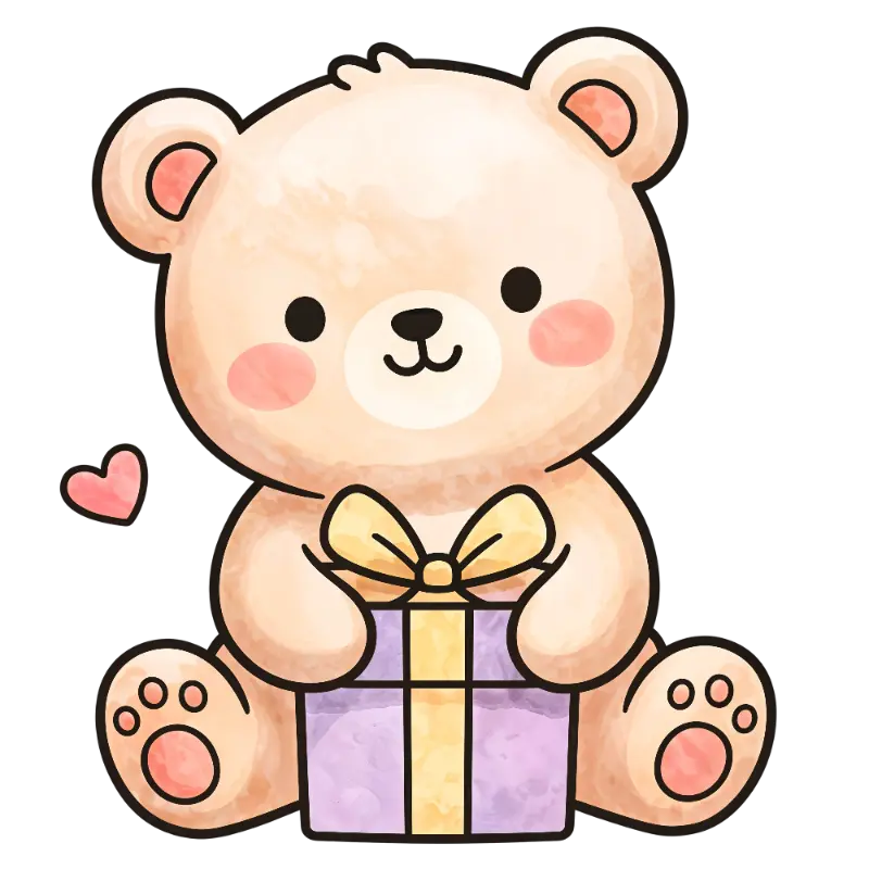 Cute Watercolor Sitting Teddy Bear with Gift Box and Heart