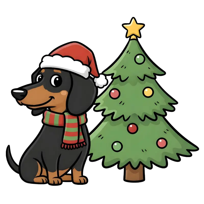 Cartoon Dachshund dog with Christmas tree Festive Illustration