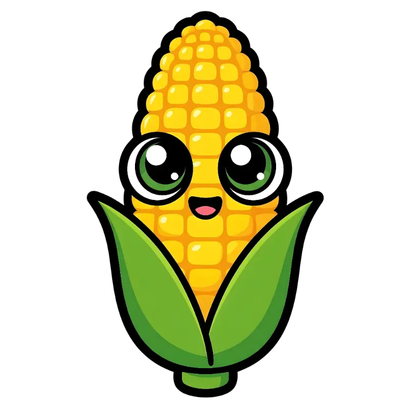 Kawaii Smiling Corn Character with Big Glossy Eyes