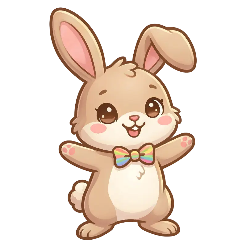 Cute Kawaii Smiling Bunny Character with Rainbow Bow Tie