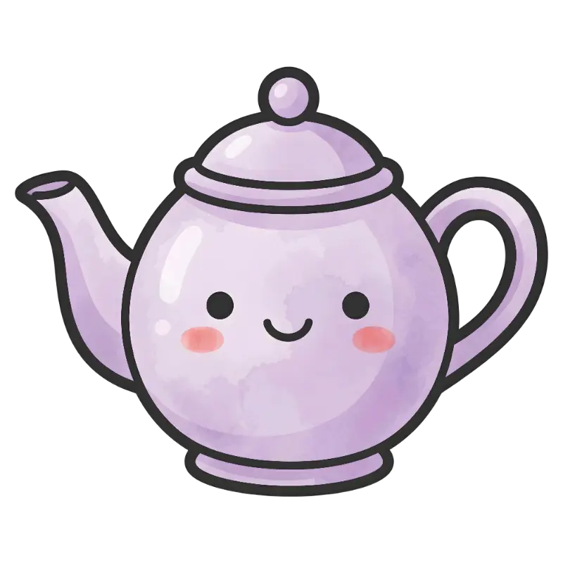 Kawaii Purple Teapot Character with Blushed Cheeks