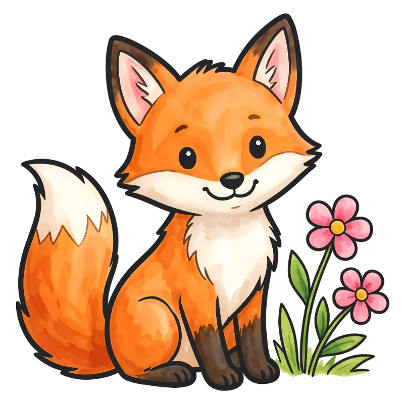 Adorable Watercolor Fox with Bright Orange Fur and Pink Blooms