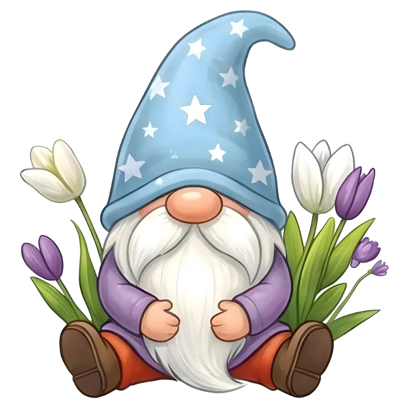 Cute Whimsical Cartoon Gnome with Tulips Illustration for Spring Gardens