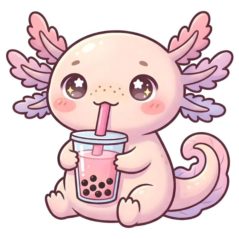 Cute Chibi Axolotl Character Sipping Pink Bubble Tea with Starry Eyes
