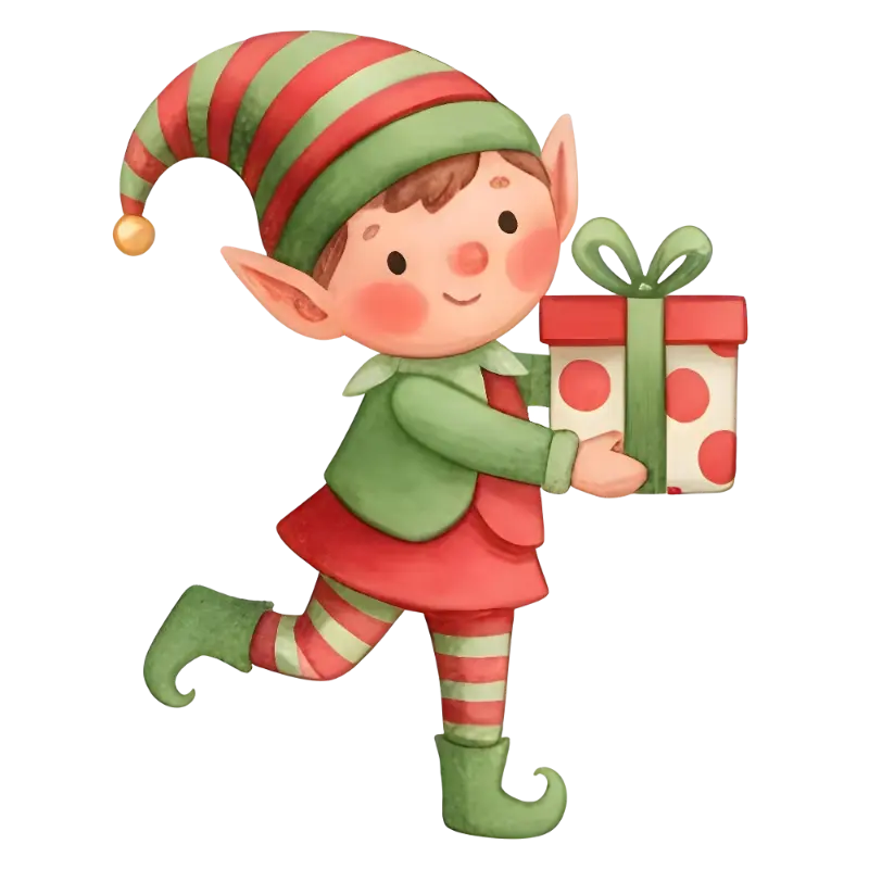 Watercolor Christmas Elf Illustration: Cheerful Elf with Gift