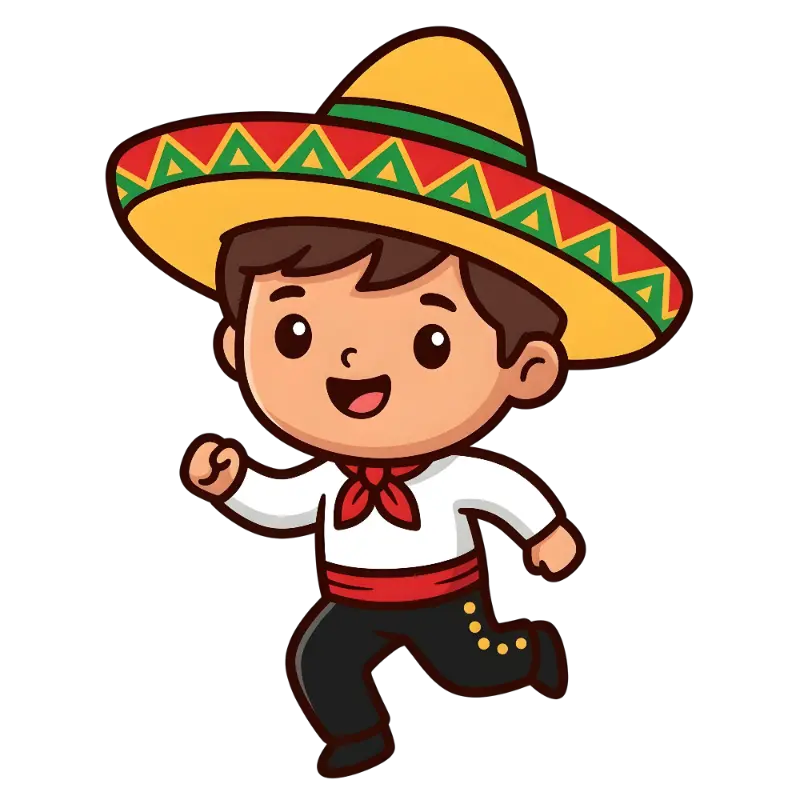 Kawaii Mexican Boy Character with Sombrero and Red Sash