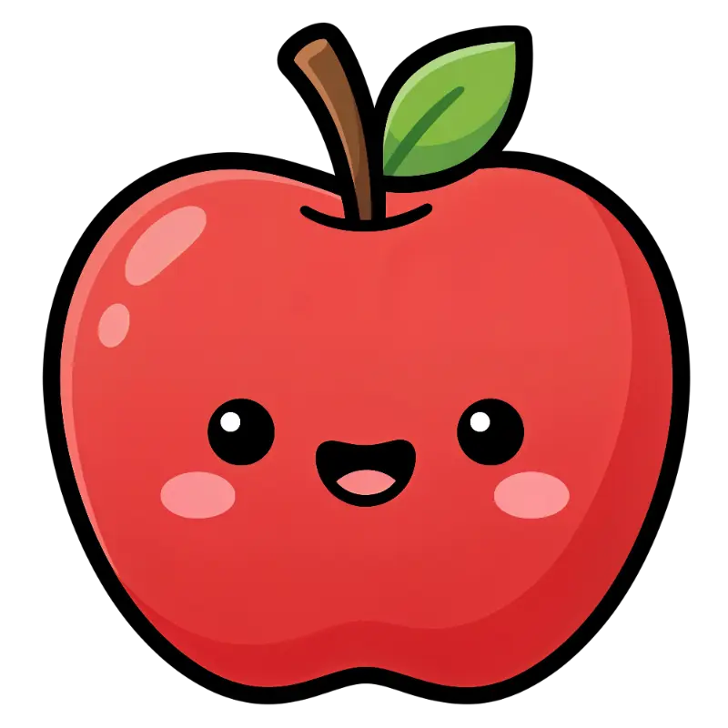 Cheerful Kawaii Red Apple with Wide Smile and Black Outline