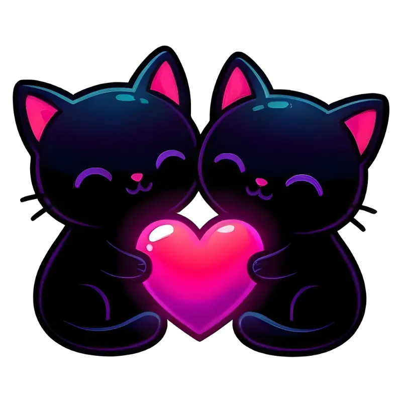 Neon Black Cats Embracing a Vibrant Glowing Magenta Heart