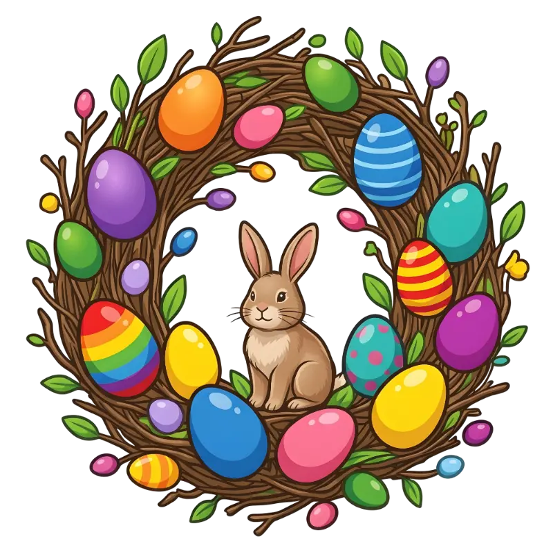 Playful Cartoon Easter Bunny in Colorful Egg Wreath