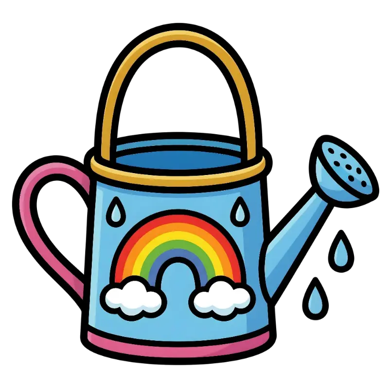 Cartoon Watering Can Rainbow Clouds Kiss Cut Sticker