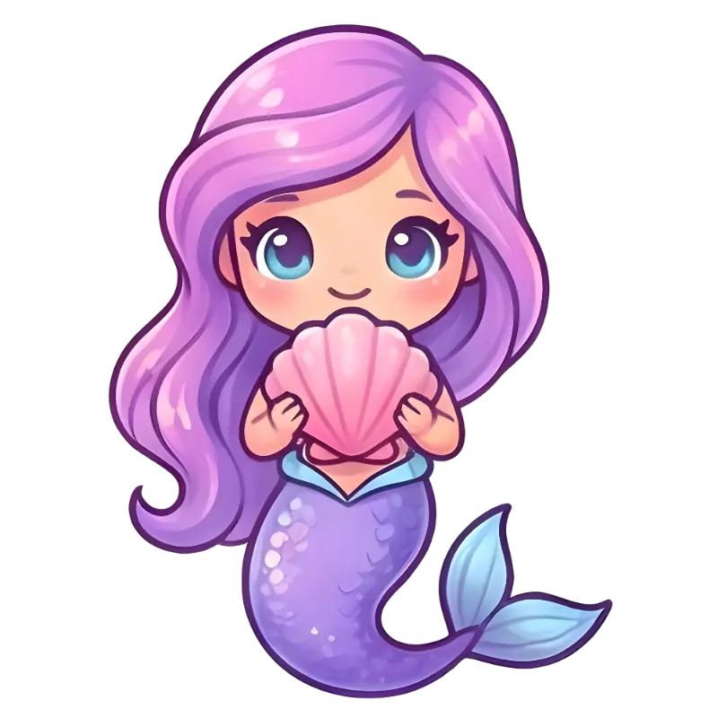 Cartoon Purple Hair Mermaid with Seashell