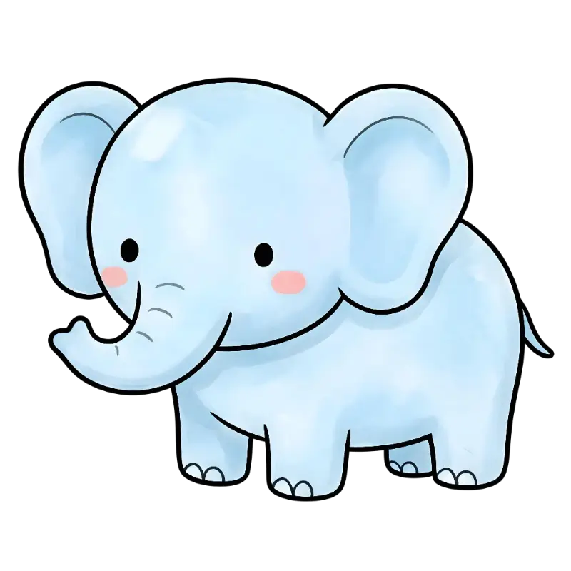 Light Blue Watercolor Baby Elephant with Thick Black Outline