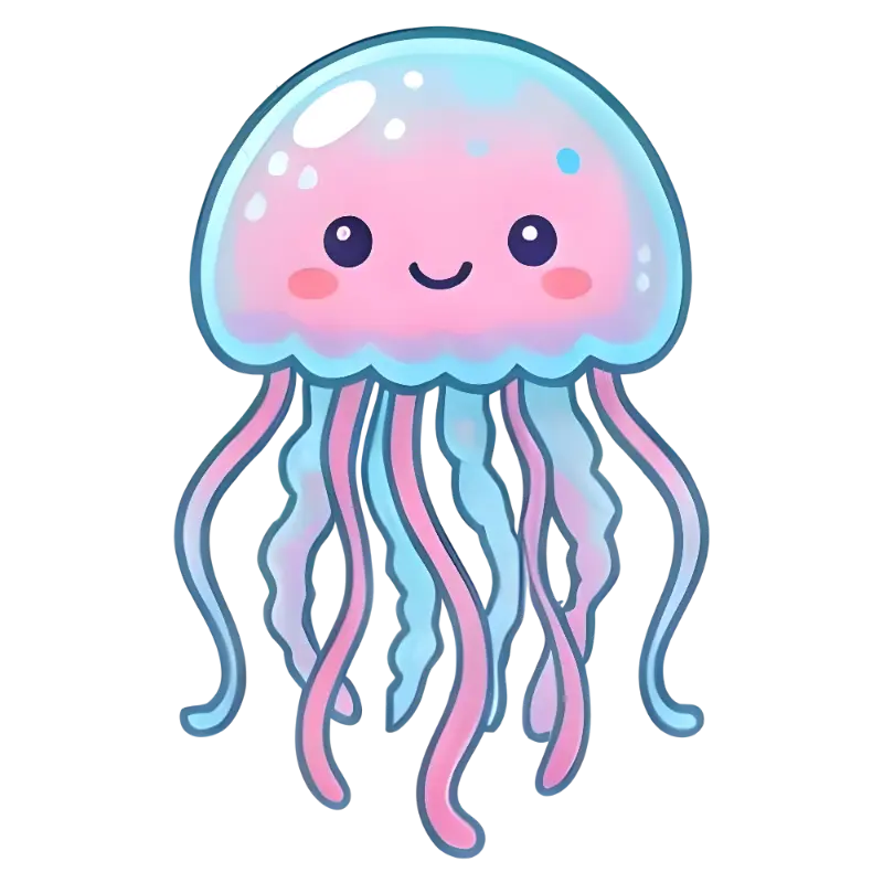 Kawaii Smiling Pink and Blue Jellyfish with Blush Cheeks