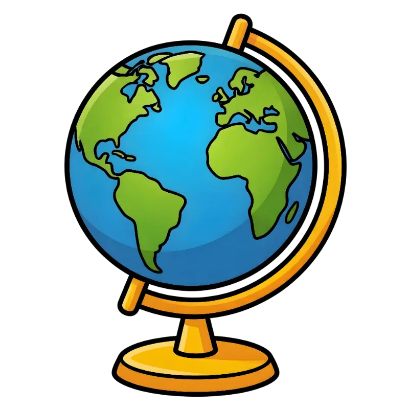 Simple Cartoon Earth Globe with Gold Stand and Outlined Continents