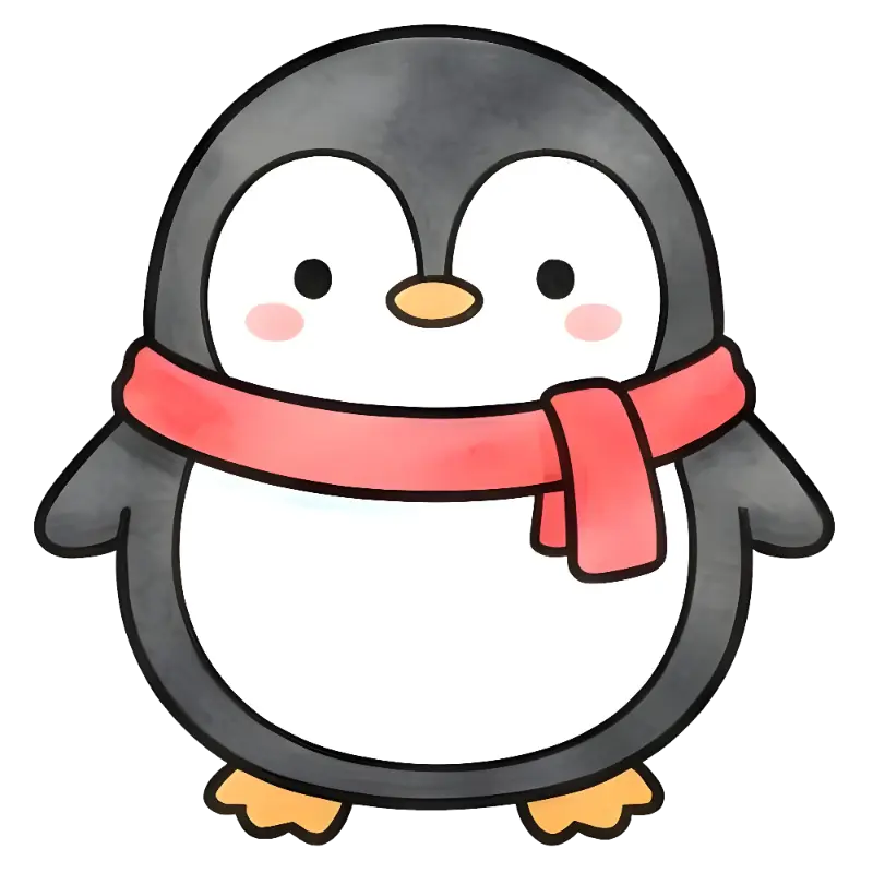 Cartoon Kawaii Penguin with Scarf, Watercolor Sticker & Graphic