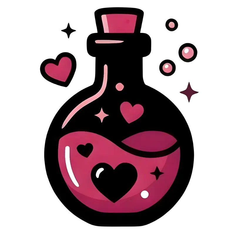 Cartoon Love Potion Bottle with Hearts and Shimmering Liquid