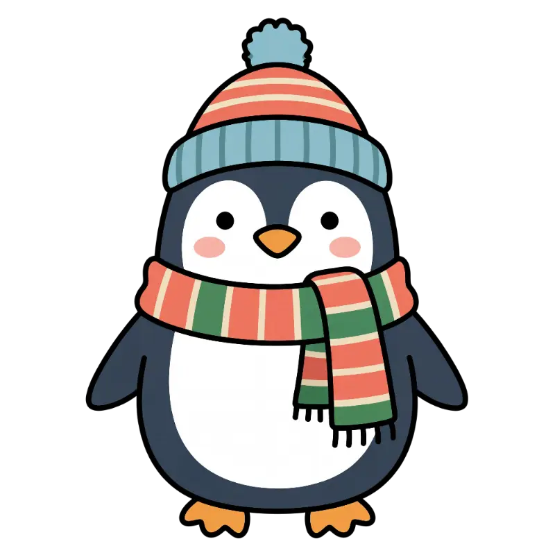 Kawaii Penguin Illustration with Striped Hat and Scarf