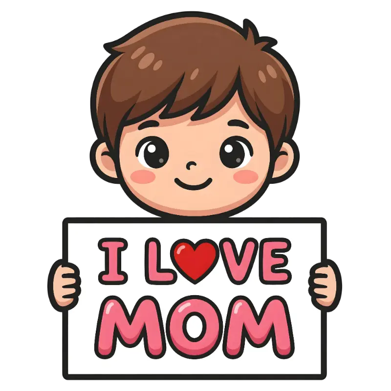 Sweet Cartoon Boy Holding I Love Mom Bubble Letter Sign