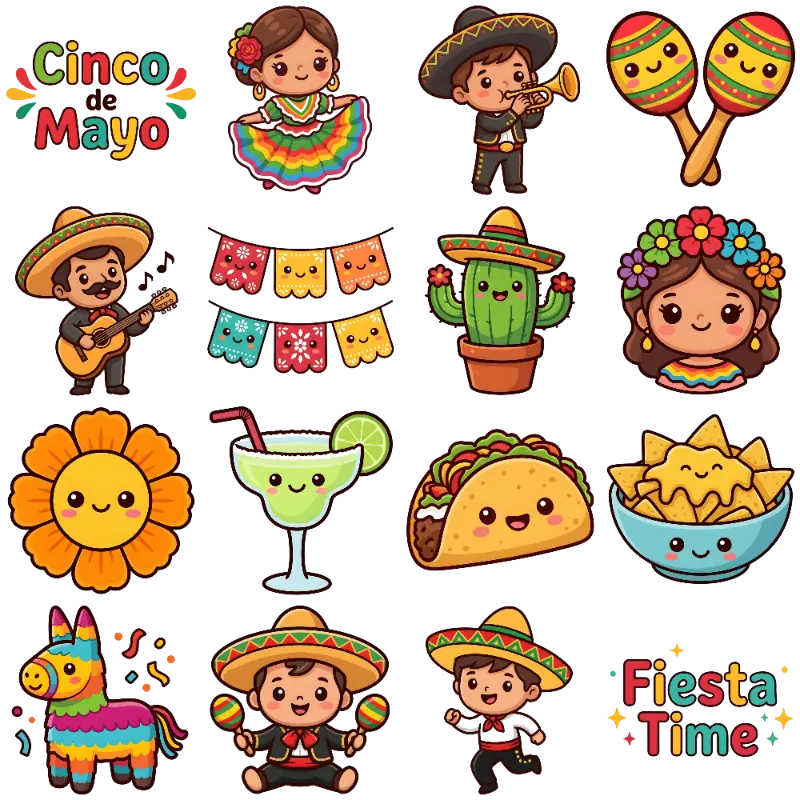 Cute Chibi Mexican Fiesta Characters, Taco, Cactus, and Pinata Elements