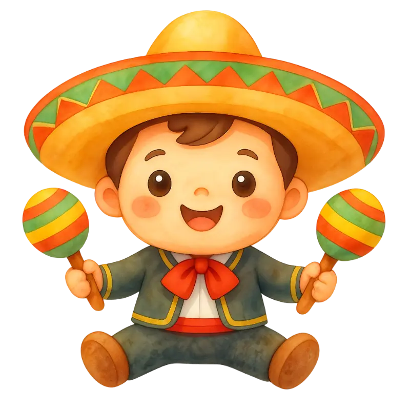 Playful Watercolor Boy in Sombrero Holding Maracas