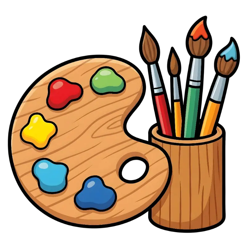 Cartoon Artist Palette with Paint and Brushes