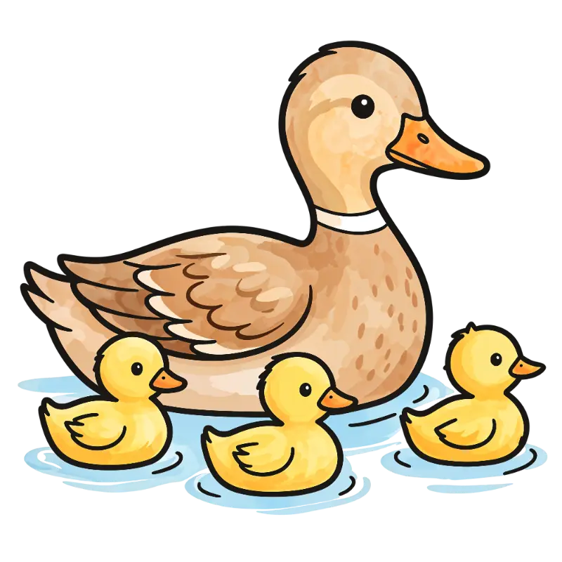 Cute Watercolor Mother Duck with Three Ducklings