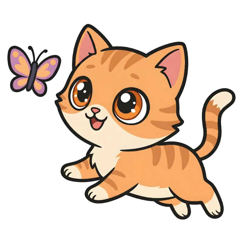 Playful Striped Kitten Character with Big Expressive Eyes and Butterfly