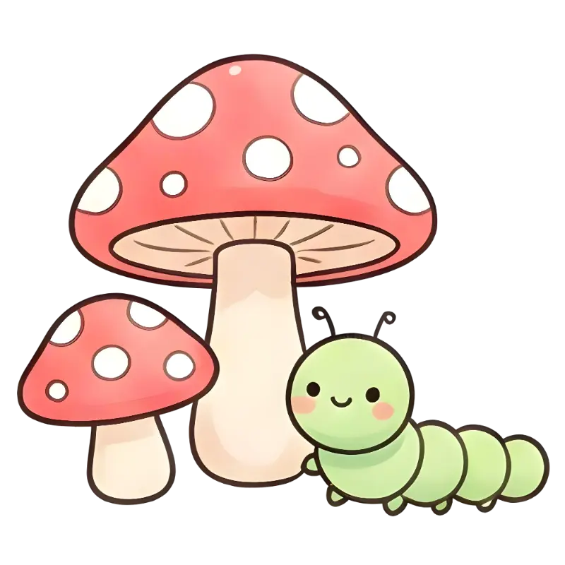 Cute Kawaii Cartoon Red Mushrooms Green Caterpillar Illustration