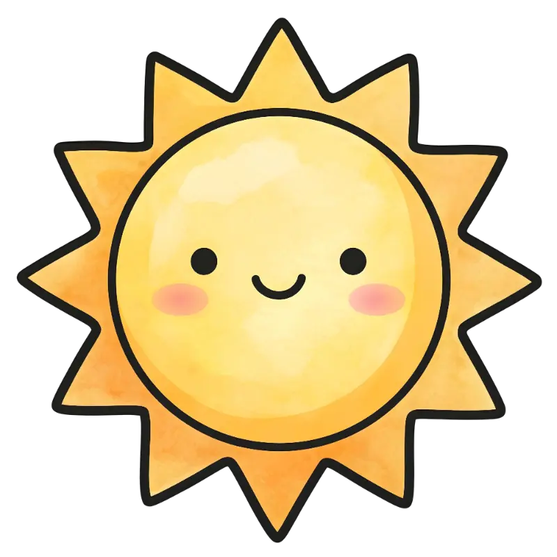 Kawaii Watercolor Smiling Sun with Pink Blush Cheeks